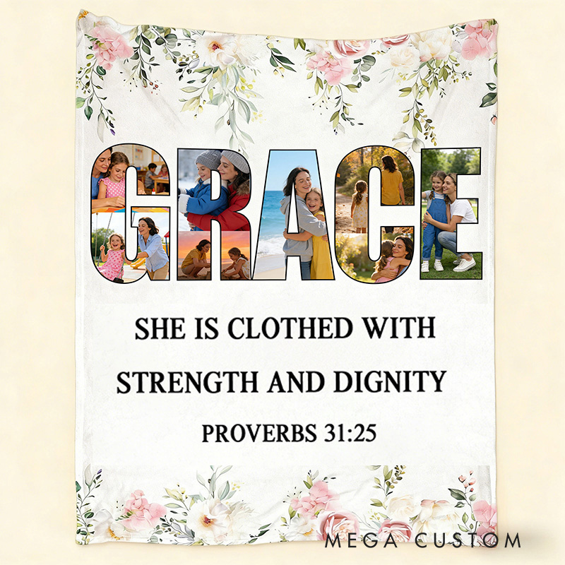 Personalized Grace Proverbs 31:25 Bible Verse Throw Blanket with Custom Photo Floral Blanket Faith Home Decor Religious Gift for Mother