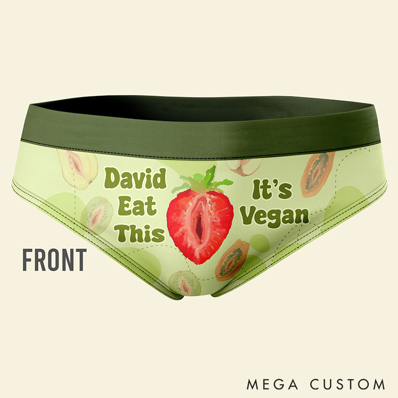 Personalized Women He Eat This It's Vegan Low-waisted Brief Girlfriend Wife Strawberry Pattern Underwear with Man Name Valentines Day Gift for Her