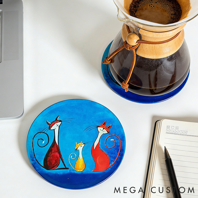 Personalized Cat Lover Whimsical Cat Illustration Decorative Coasters Gift For Pet Lover For Cat Lover Coasters