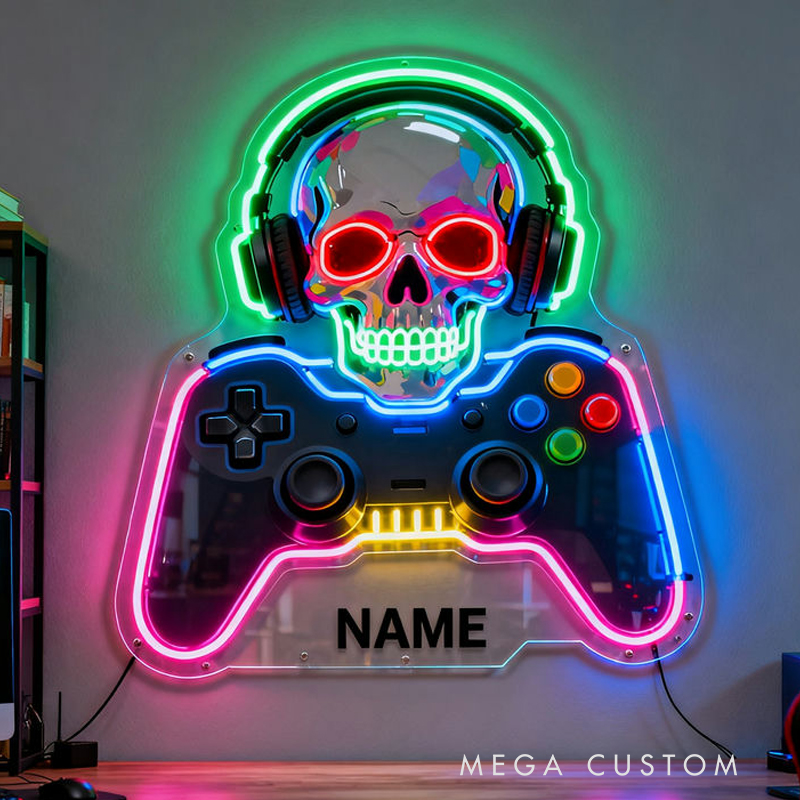 Personalized Skull and Game Controller Neon Decor the Perfect Gift for Gaming Lovers