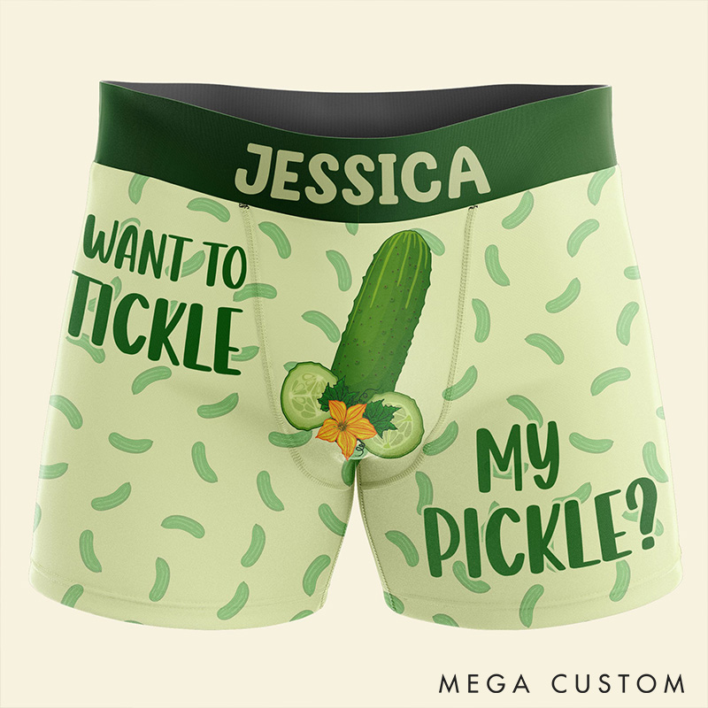 Personalized Man Want to Tickle My Pickle Boxer Brief Custom Man Cucumber Pattern Underwear with Name Valentines Day Gift for Boyfriend Husband