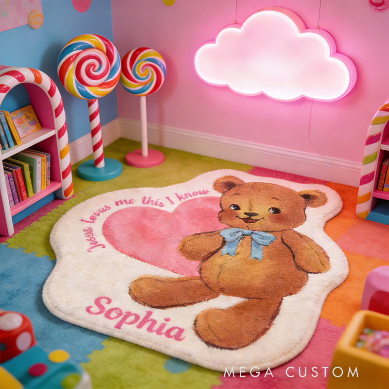 Personalize Jesus Loves Me this i Know Vintage Bear Christian Rug with Custom Name Valentine Gift Religious Gift for her