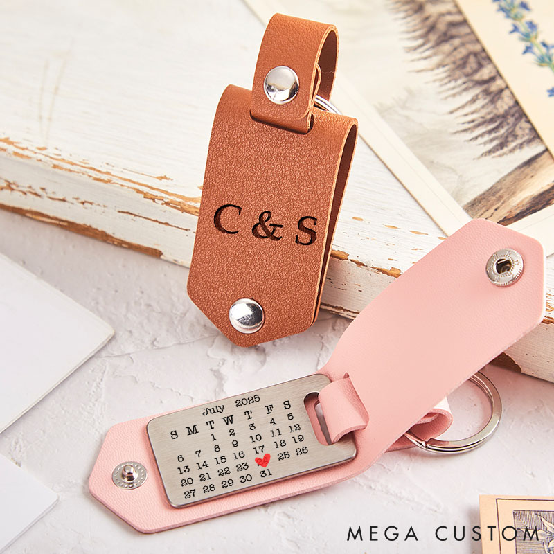 Personalized Photo and Calendar Leather Keychain Couple Leather Keychain with Photo Custom Anniversary Valentine's Gift for Man Woman