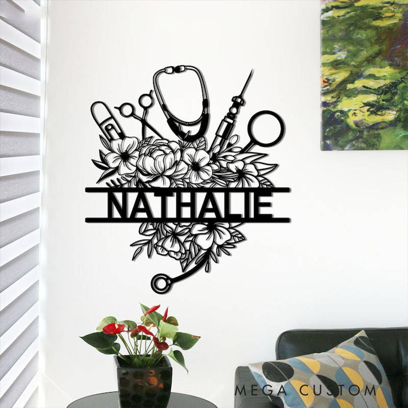 Personalized Nurse Gifts Custom Name Metal Sign Floral Doctor Wall Art Medical Office Decor Gift for Nurse or Healthcare Worker