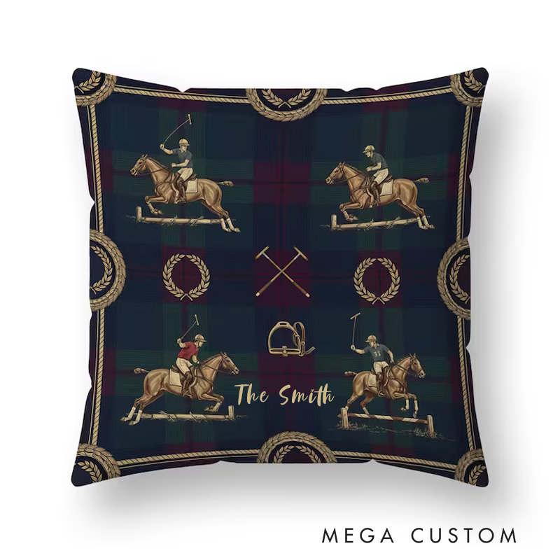 Personalized Equestrian Throw Pillow Polo Horse Pillow Case Tartan Design Pillow Jumping Horse Decor Sport Decor Pillow Covers Polo Gifts for Riding Lovers Equestrian Lovers