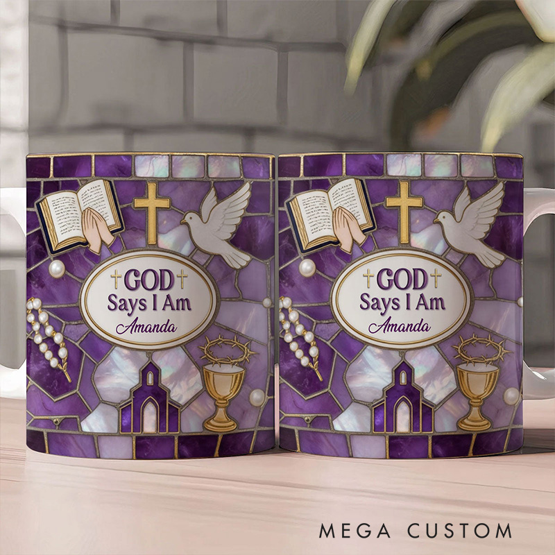 Personalized Stained Glass God Says i am 11oz 15oz Ceramic Mug with Custom Name Purple Coffee Mug Religious Gift for Christians