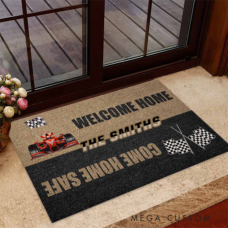 Personalized Racing Gifts Custom Family Name Welcome Home Come Home Safe Doormat Race Car Lover Home Entry Rug Decor