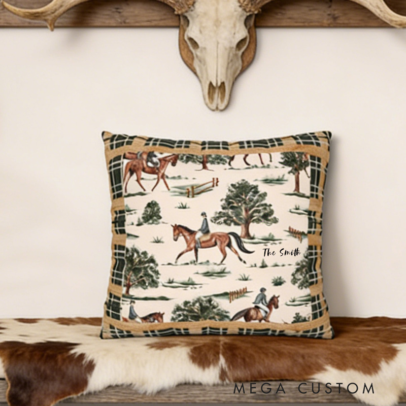 Personalized Equestrian Throw Pillow Equestrian Pillow Cover Plaid Horse Accent Pillow Farmhouse Decor for Riding Lovers Equestrian Lovers