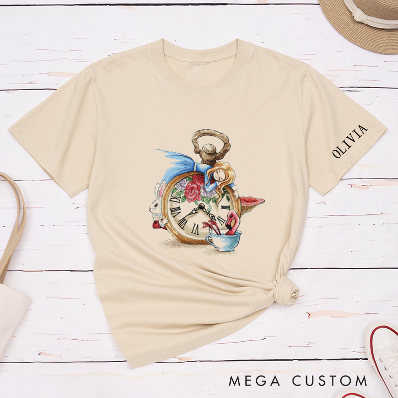 Personalized Alice Inspired Clock T-Shirt Unisex Custom Gift with Name Vintage Tea Party Design Unique Present for Women Men Girls Boys Birthday