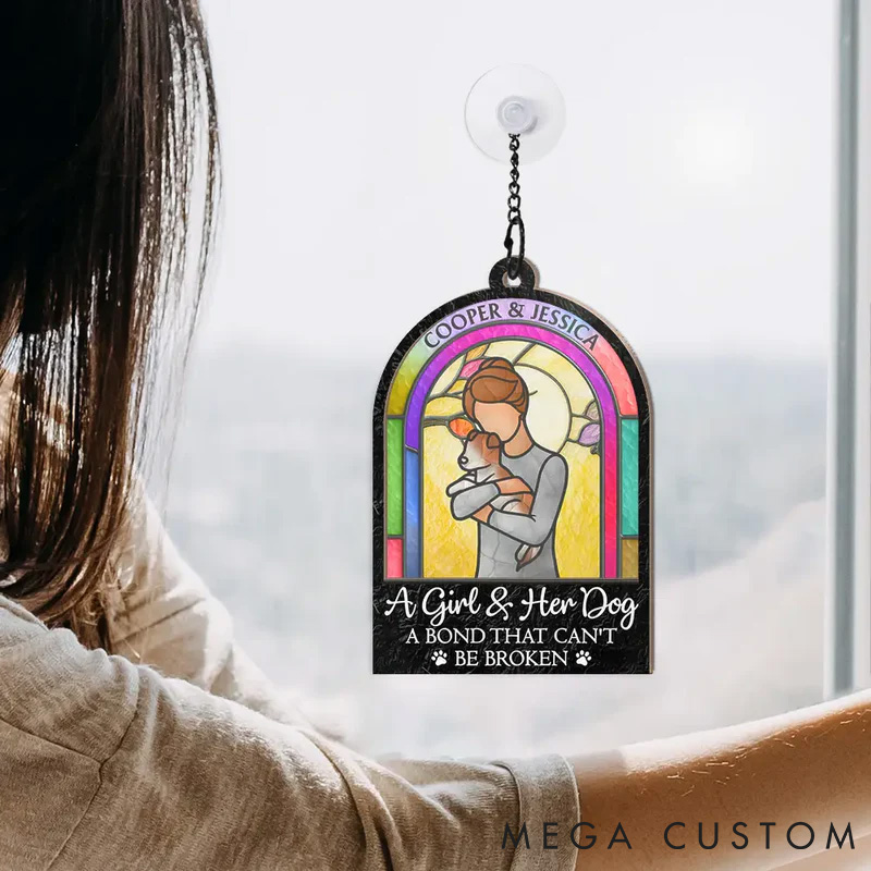 Personalized Pet Lover A Girl and Her Dog A Bond That Can't be Broken Woman Man Hug Pet Window Hanging Suncatcher Ornament