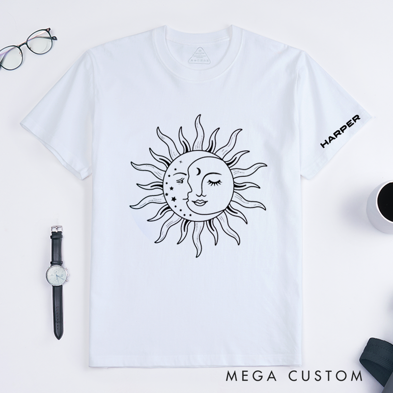 Personalized Sun and Moon Face T-Shirt Unisex Custom Name Classic Tee Astrology Lover Gift Unique Birthday Present for Men Women Friends Family