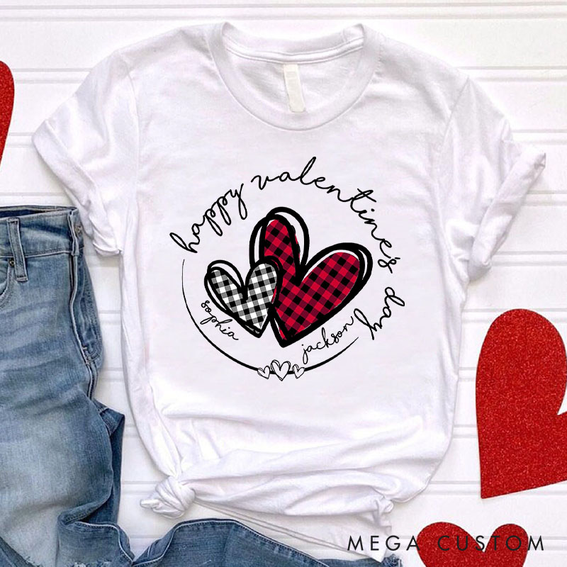 Personalized Couple Plaid Heart with Name Matching T-Shirt Happy Valentine's Day T-Shirt for Husband Wife Boyfriend Girlfriend Gift for Hubby Wifey