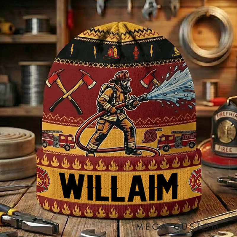 Personalized Firefighter Gifts Custom Name Beanie Hat Warm Winter Knit Cap for Firemen Firefighter Appreciation Gift