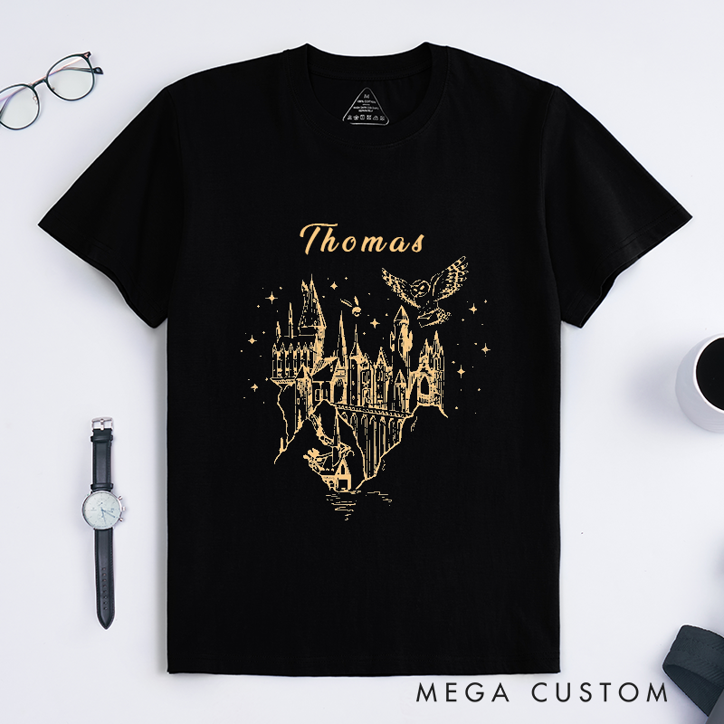 Personalized Castle Owl Wizard Fantasy Classic T-Shirts Custom Name Gift for Fans Unique Starry Night Magical Customizable Top for Birthday Present