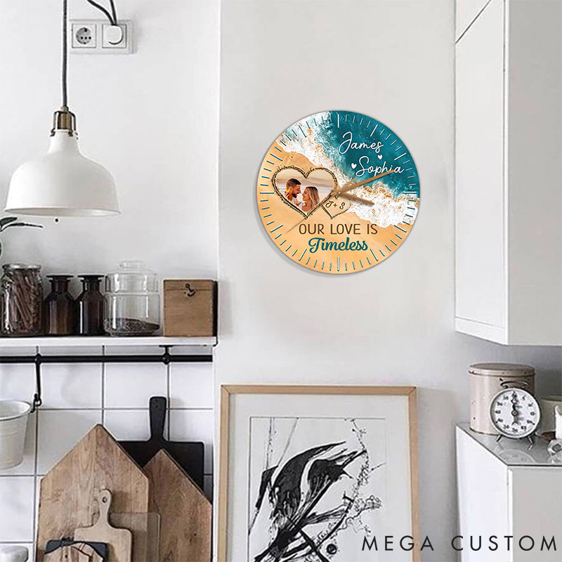 Personalized Couple Photo Our Love is Timeless Wall Clock Custom Beach-inspired Wall Clock with Couple Photo Anniversary Gift Valentine's Day Gift
