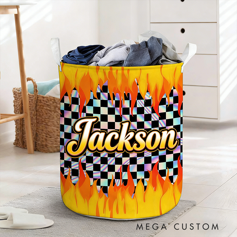 Personalized Racing Gifts Custom Name Laundry Basket Flame Checkered Storage Bin Race Car Lover Room Organizer Decor