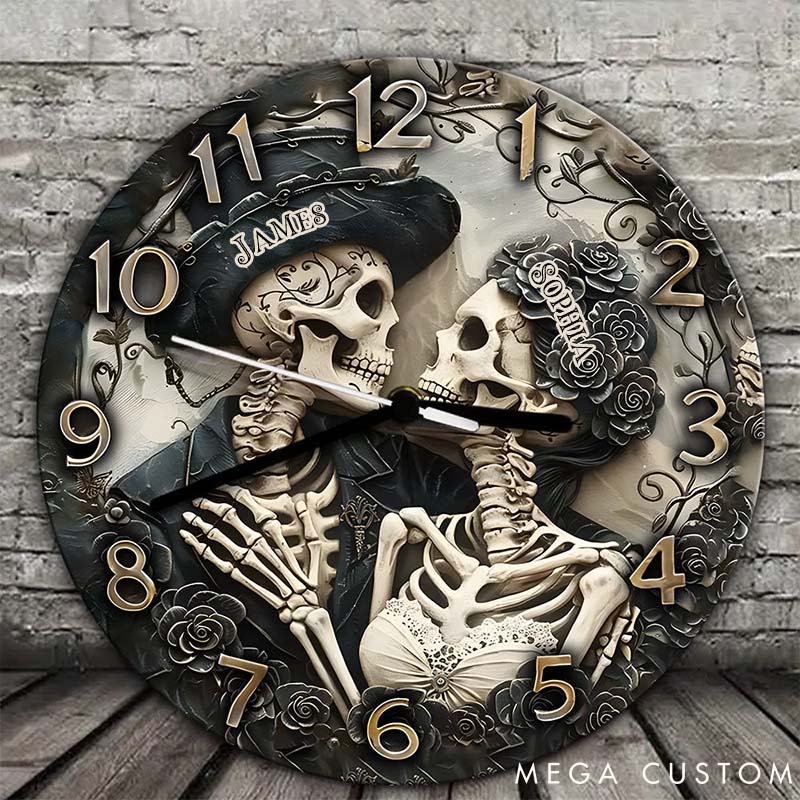 Personalized Skeleton Couple Till Death Do Us Part Wall Clock Custom Retro Gothic Graphic 3D Printed Wall Clock Anniversary Gift Valentine's Day Gift