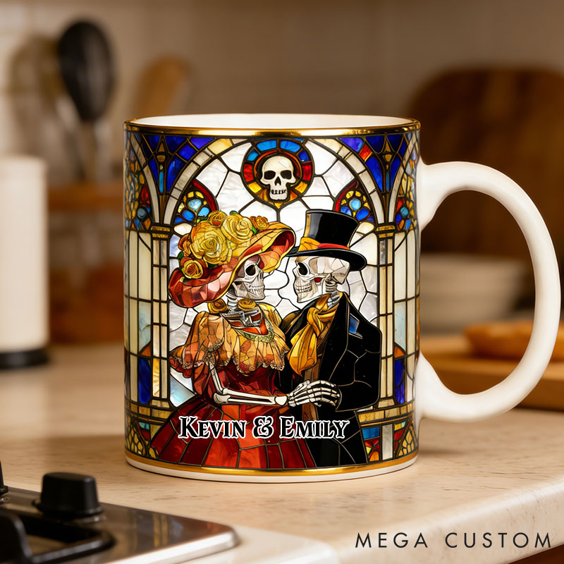 Personalized Gothic Couple Mug Till Death Do Us Part 3D Effect Graphic Mug Couple Skeleton Church Wedding Coffee Cup Anniversary Valentine