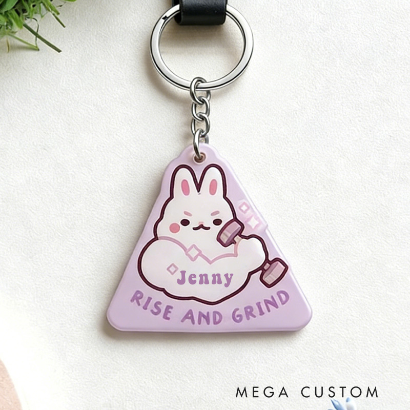 Personalized Rise and Grind Keychain Cute Bunny Keychain Acrylic Epoxy Workout Motivational for Gym Lovers