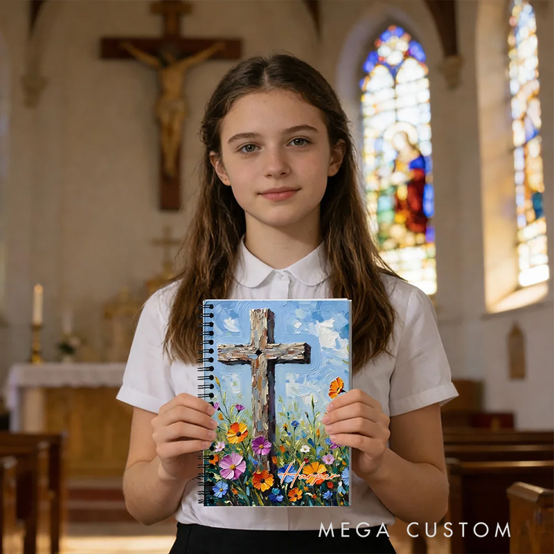 Personalized Flower Cross A5 Spiral Notebook with Name Back to School Birthday Gift Religious Gift for Christian Student