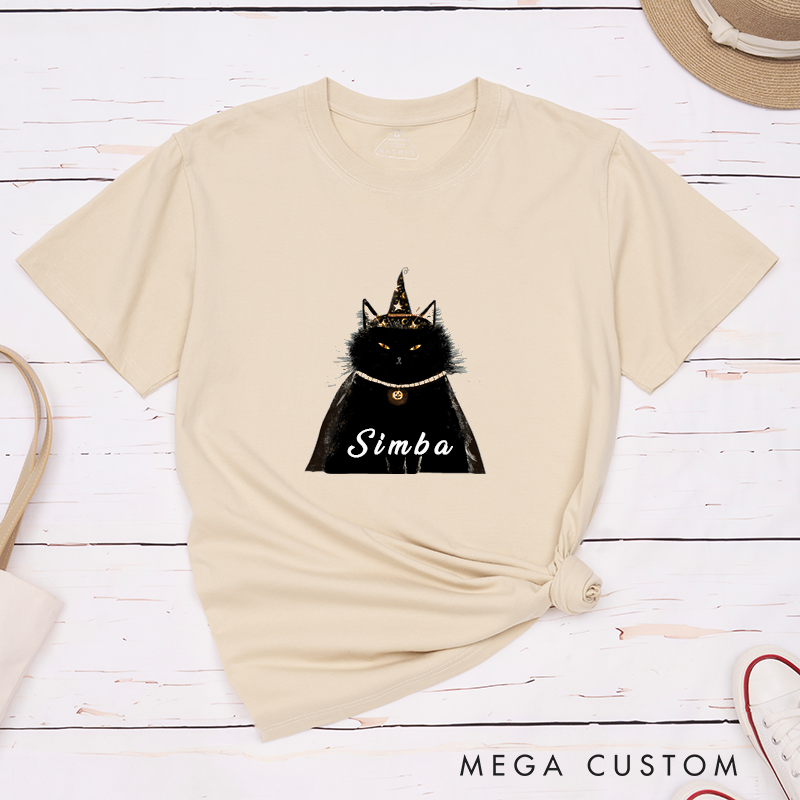 Personalized Black Cat Halloween Classic T-Shirt Custom Name Witch Hat and Pumpkin Necklace Cat Lover Gift Unique Pet Lovers Apparel for Men and Women