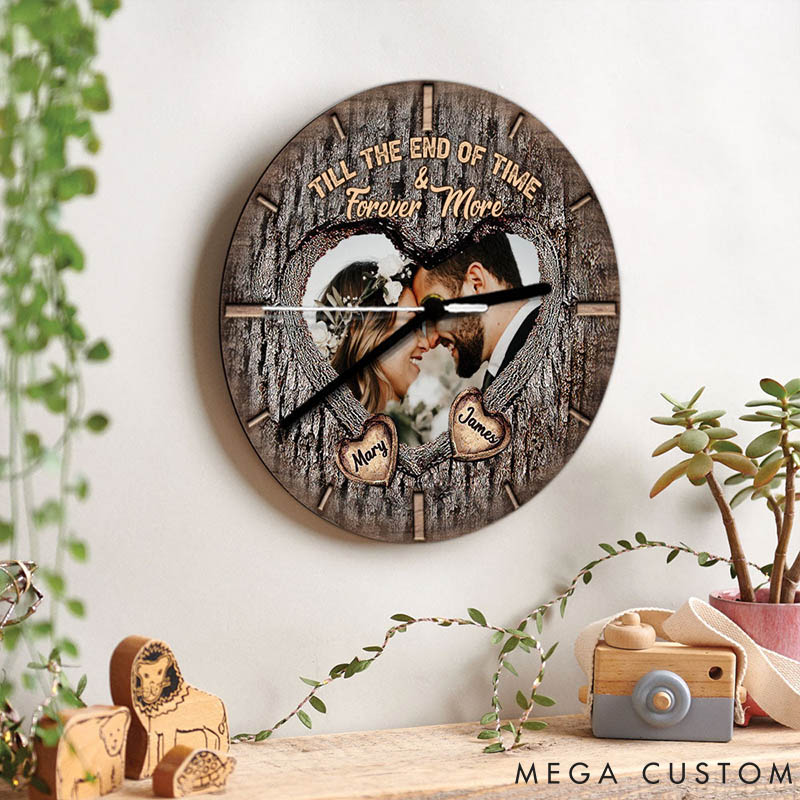 Personalized Couple Photo Till The End Of Time and Forever More Wall Clock Custom Imitation Wood 3D Effect Pattern Wall Clock Valentine's Day Gift