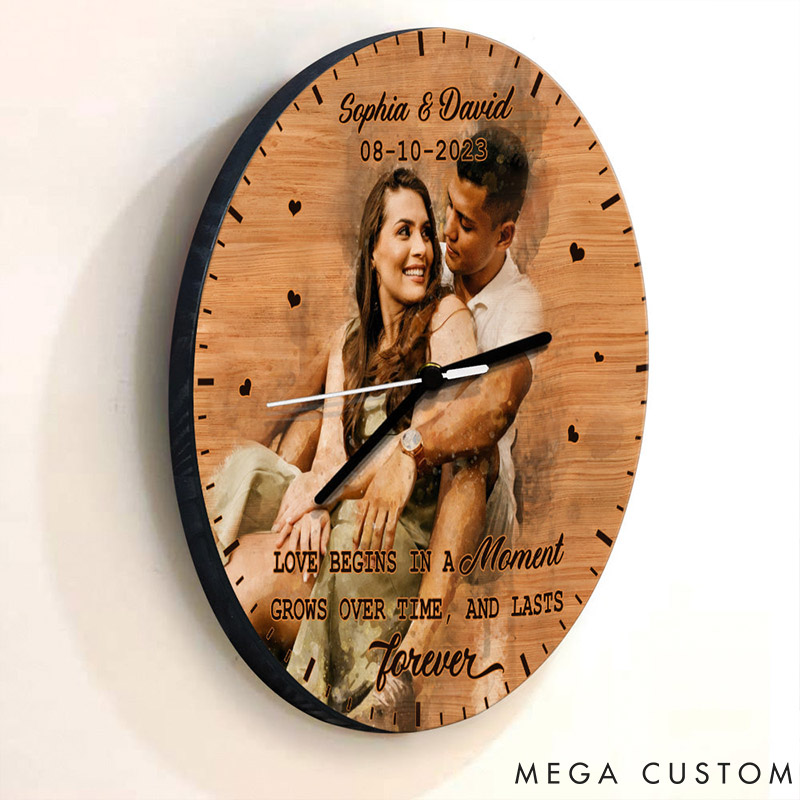 Personalized Couple Photo Love begins in a moment Wall Clock Custom Wall Clock with Couple Portrait Anniversary Gift Valentine's Day Gift for Him Her