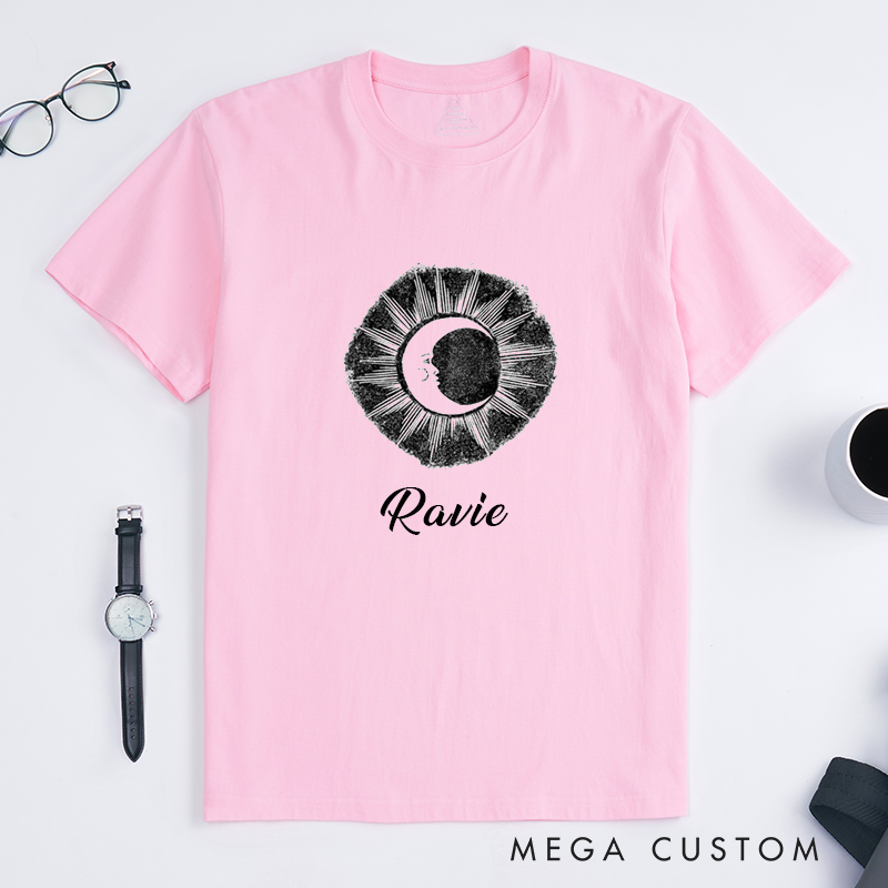 Personalized Celestial Sun and Moon Vintage Classic T-Shirts Custom Name Unique Cosmic Gift for Men and Women Spiritual Astronomy Lovers Birthday Present