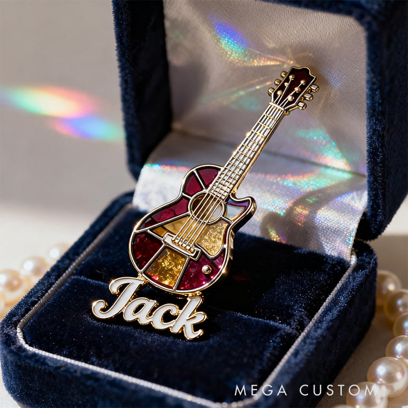 Personalized Custom Stained Glass Acoustic Guitar Enamel Pin – Personalized Name Lapel Pin for Music Lovers