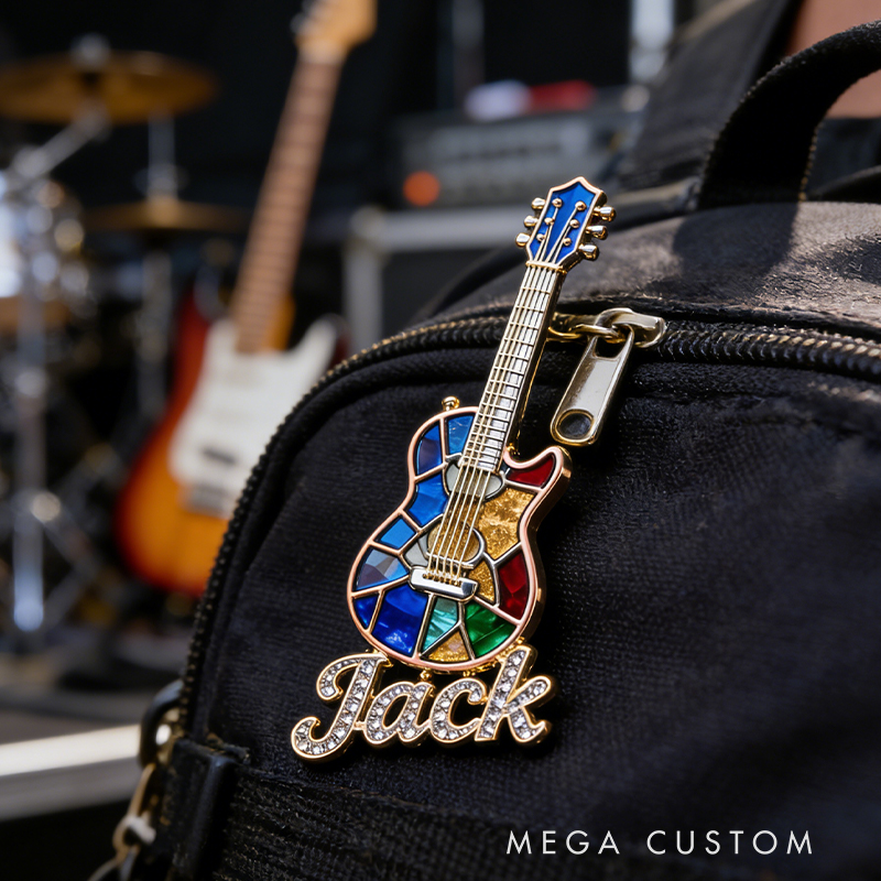Personalized Custom Stained Glass Electric Guitar Enamel Pin – Personalized Name Lapel Pin for Music Enthusiasts