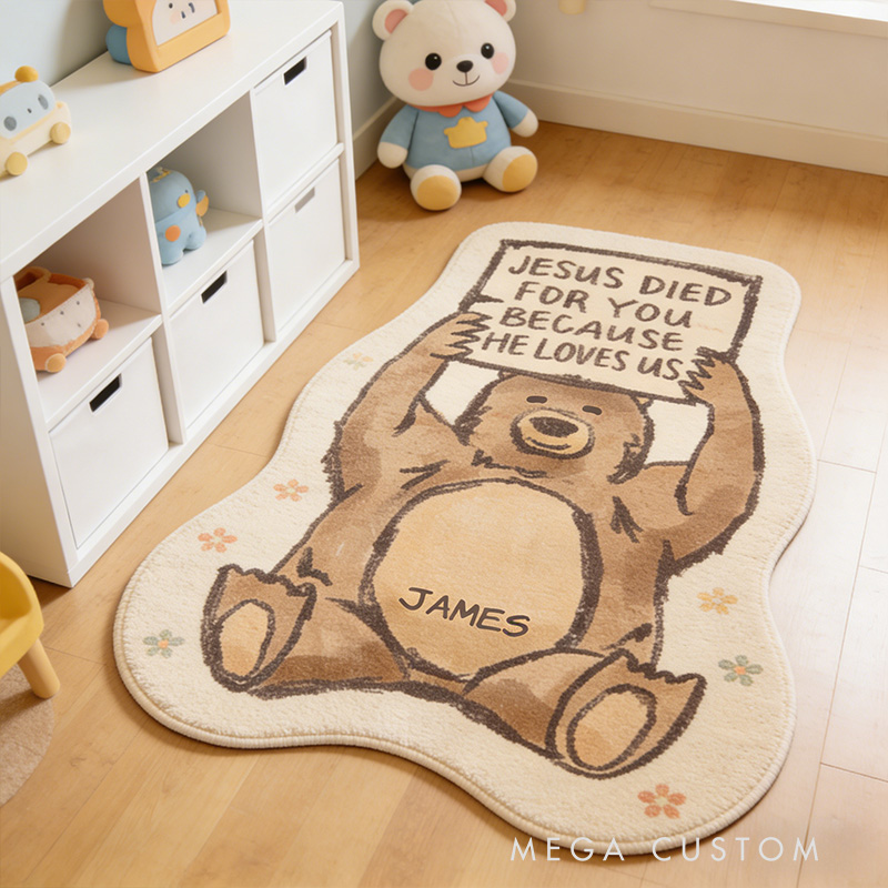 Personalize Jesus Loves us Bear Christian Rug with Custom Name Faith Rug Religious Gift Christian Gift for Jesus Lover
