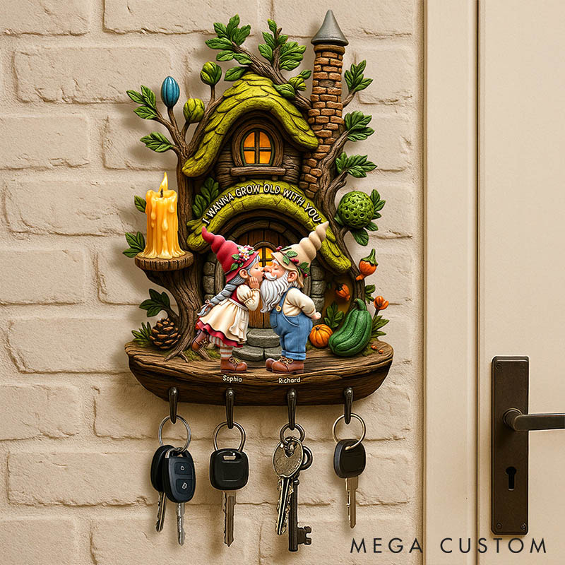 Personalized Gnome Couple I Wanna Growing Old With You Wooden Key Hanger Custom Old Couple 3D Effect Key Hanger Anniversary Gift Valentines Day Gift