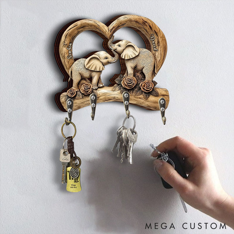 Personalized Sweetheart Elephant Couple Wooden Key Holder Custom Graphic 3D Printed Imitation Wood Effect Key Hanger Anniversary Valentines Day Gift