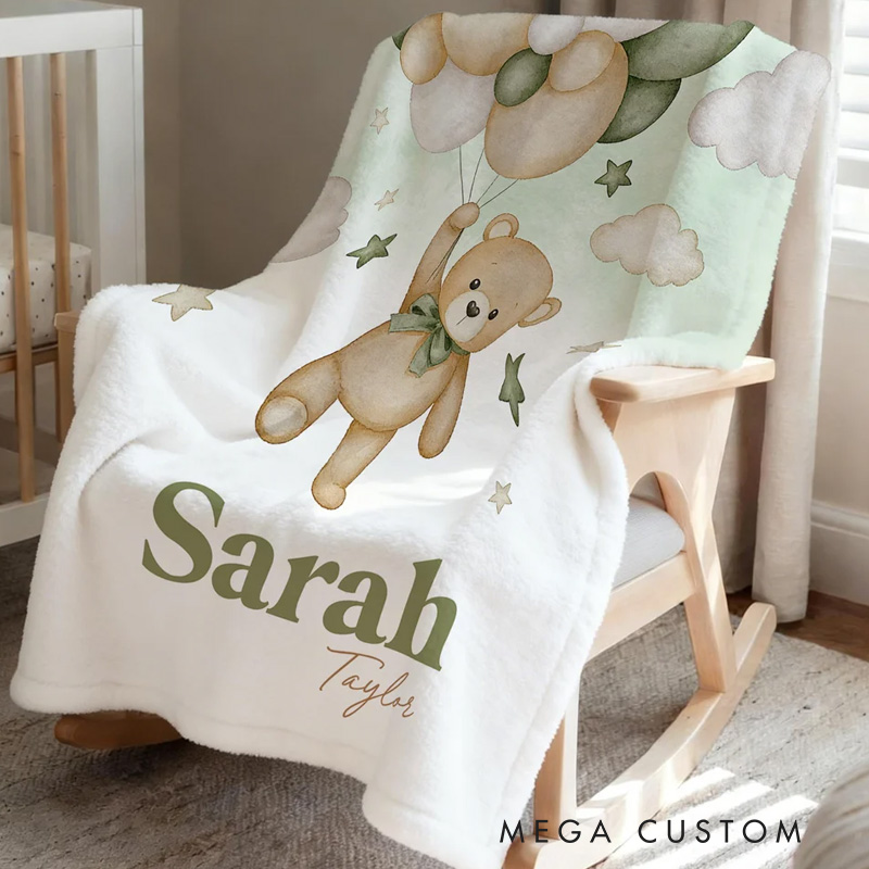 Personalized Bear Balloon Soft Throw Blanket with Name Home Decor Birthday Baby Shower Gift for Newborns Kids
