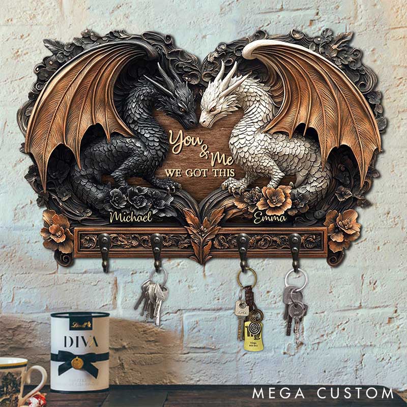 Personalized Dragon Couple You and Me We Got This Wooden Key Holder Custom Graphic 3D Printed Effect Key Hanger Anniversary Valentines Day Gift
