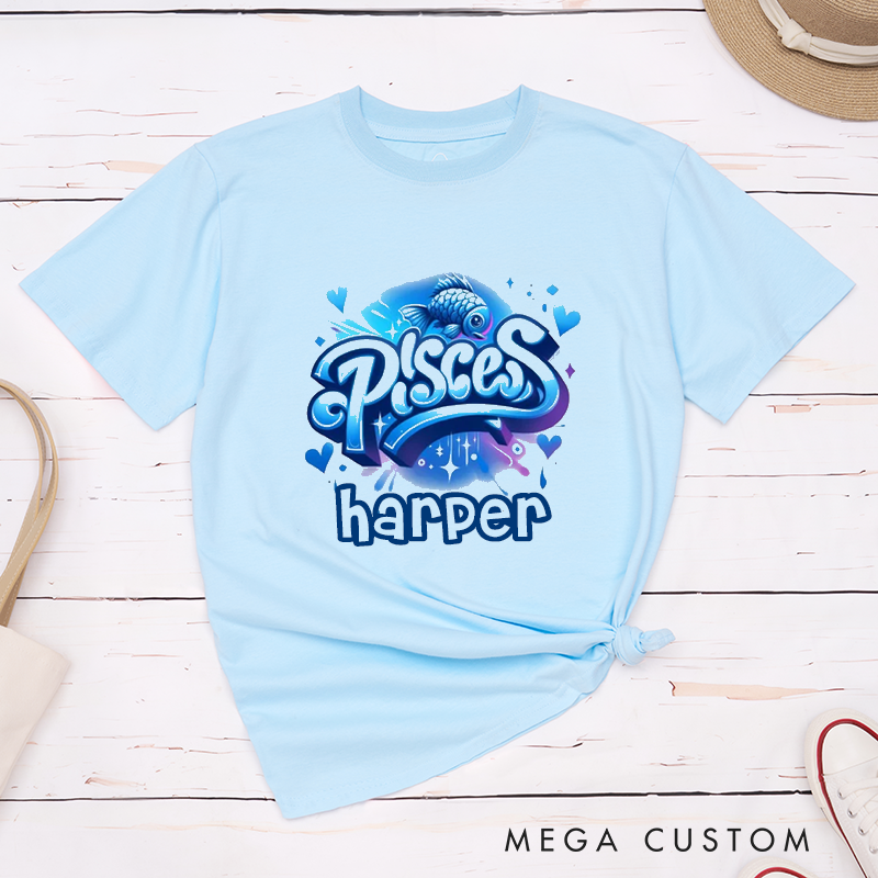 Personalized Pisces Classic T-Shirts Custom Zodiac Sign Gift Unisex Unique Birthday Present for Astrology Lover Comfortable Everyday Tee