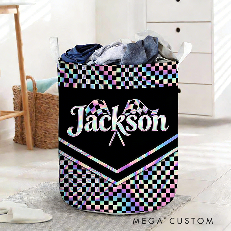 Personalized Racing Gifts Custom Name Laundry Basket Checkered Flag Storage Bin Race Car Lover Room Organizer Decor