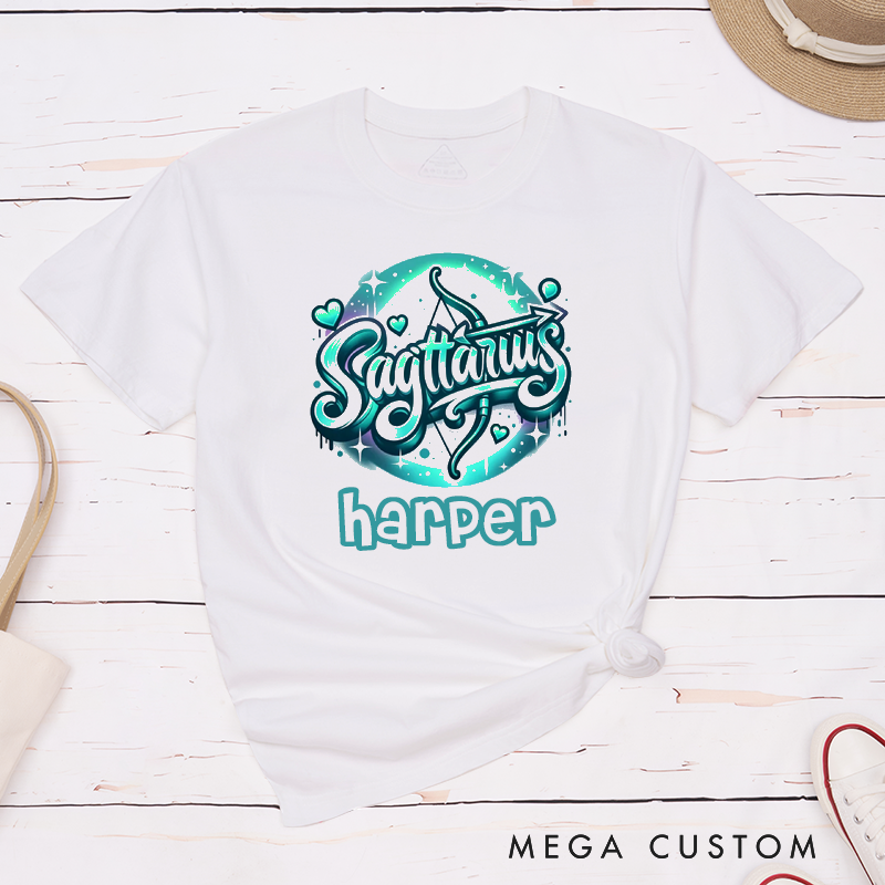 Personalized Sagittarius Zodiac Sign Classic T-Shirt Unique Astrology Graphic Unisex Gift for Birthday Custom Name Star Sign Tee for Men and Women
