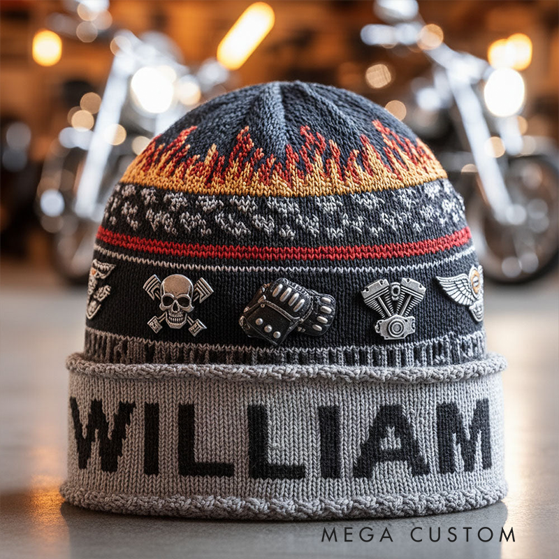 Personalized Biker Gifts Custom Name Flame Engine Beanie Hat Motorcycle Lover Knit Cap Racing Rider Winter Hat