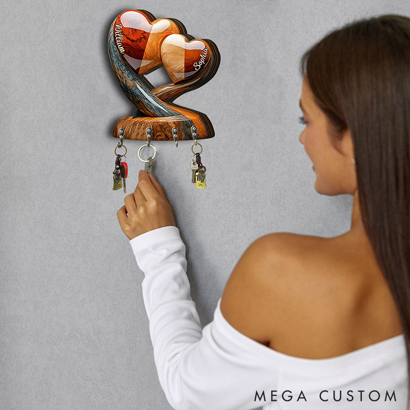 Personalized Couple Two Intertwined Hearts Wooden Key Holder Custom Shaped Graphic 3D Printed Effect Key Hanger Anniversary Valentines Day Gift