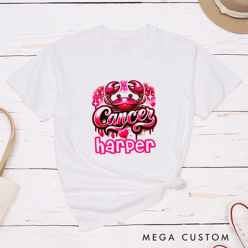 Personalized Cancer Zodiac Crab T-Shirt Custom Name Gift Astrology Birthday Classic Tee for Men and Women Unique Horoscope Present 