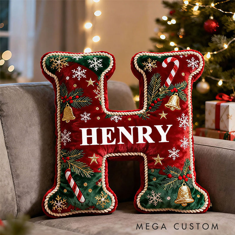 Personalized Christmas Letter Pillow Festive Holiday Decor Candy Cane and Bell Graphic 3D Print Cozy Custom Cushion for Living Room Soft Decorative