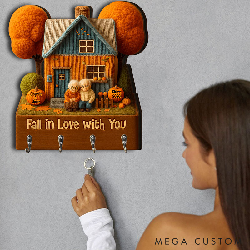 Personalized Old and Young Couple Fall in Love with You Wooden Key Holder Custom Shaped Graphic 3D Printed Key Hanger Anniversary Valentine's Day Gift