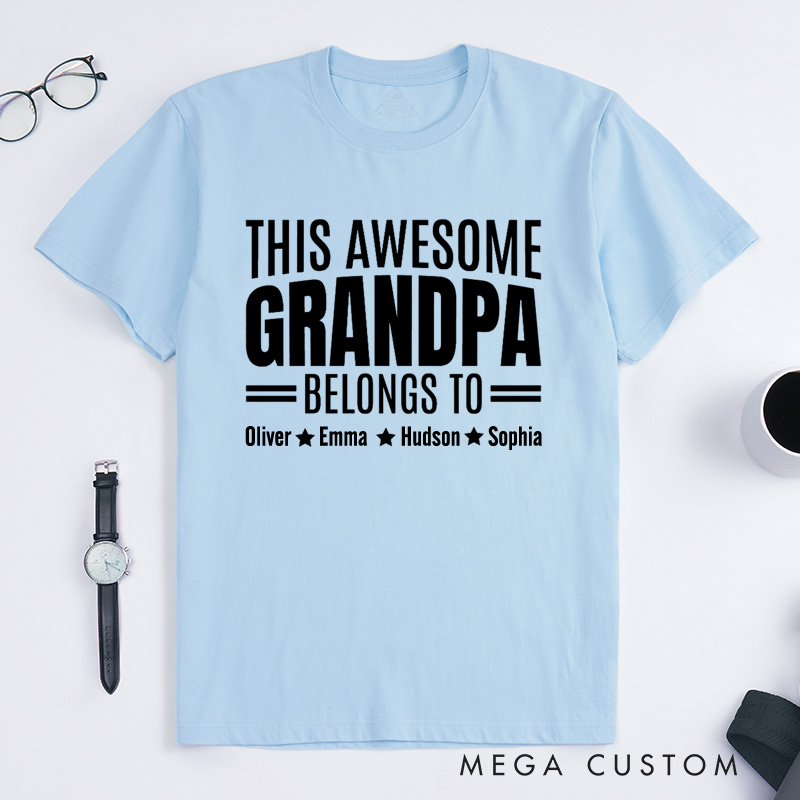 Personalized Grandpa T-Shirt Custom This Awesome Grandpa Belongs To Gift for Grandfather Father's Day Birthday Comfortable Cotton Shirt for Men