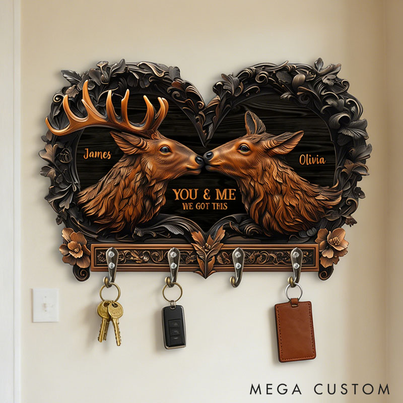 Personalized Deer Couple You and Me We Got This Wooden Key Holder Custom Shaped Graphic 3D Printed Key Hanger Anniversary Valentine's Day Gift