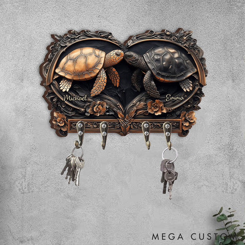Personalized Turtle Couple Retro Wooden Key Holder Custom Shaped Graphic 3D Printed Key Hanger Anniversary Gift Valentine's Day Gift for Him Her