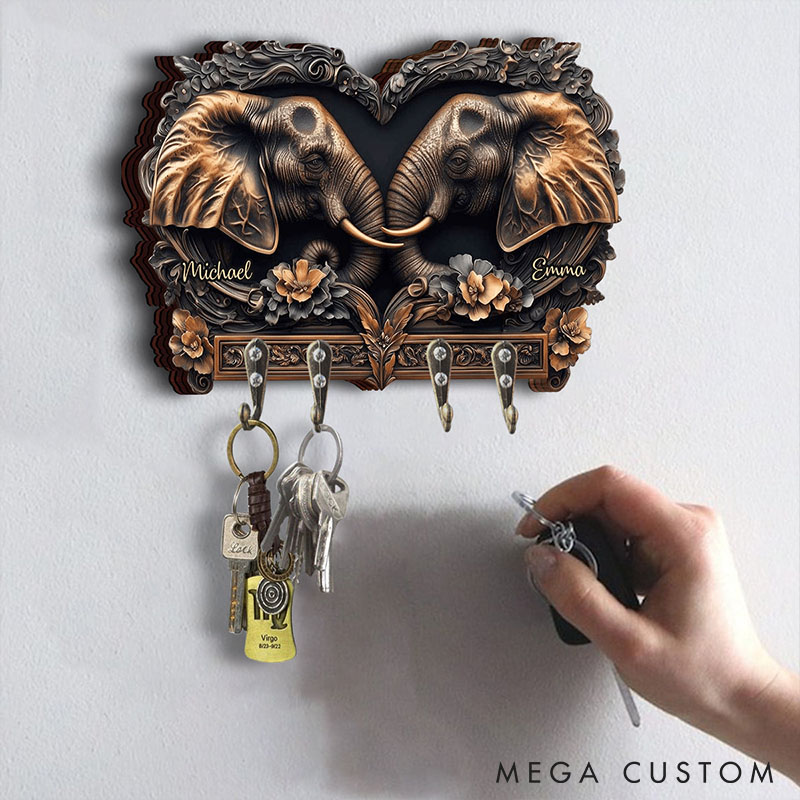 Personalized Elephant Couple Retro Wooden Key Holder Custom Shaped Graphic 3D Printed Key Hanger Anniversary Gift Valentine's Day Gift for Him Her