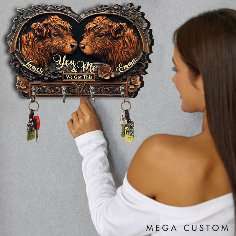 Personalized Highland Cow Couple You and Me We Got This Wooden Key Holder Custom Shaped Graphic 3D Printed Key Hanger Anniversary Valentine's Day Gift