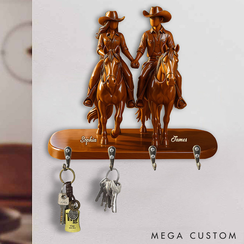 Personalized Cowgirl Cowboy Couple Riding Partners For Life Wooden Key Holder Custom Shaped Graphic 3D Printed Key Hanger Valentine's Day Gift