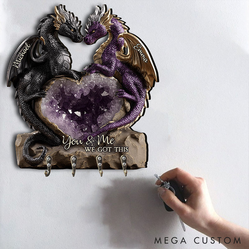 Personalized Retro Dragon Couple You and Me We Got This Wooden Key Holder Custom Shaped Graphic 3D Printed Key Hanger Anniversary Valentine's Day Gift